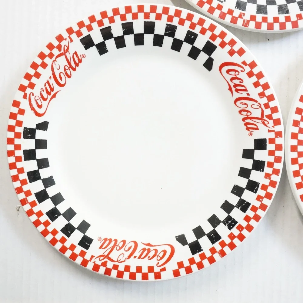VTG Coca-Cola Gibson Dinner Plates Set 4 Checkerboard Border Collectible Dishes‎